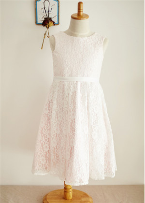 Ivory Lace Pink Lining Boho Flower Girl Dress